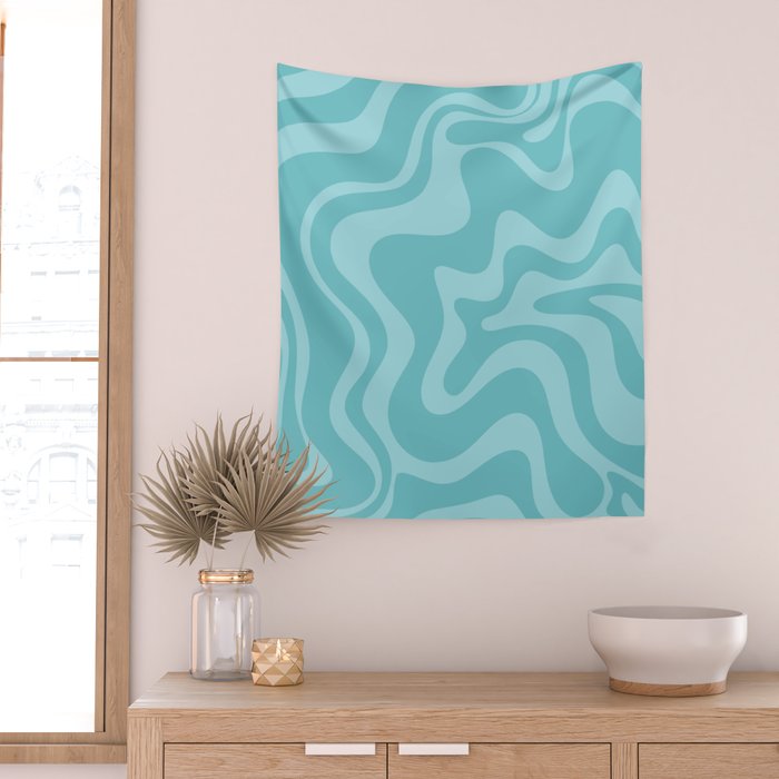 Retro Liquid Swirl Abstract Pattern in Aqua Teal Wall Tapestry Gallery Image 2