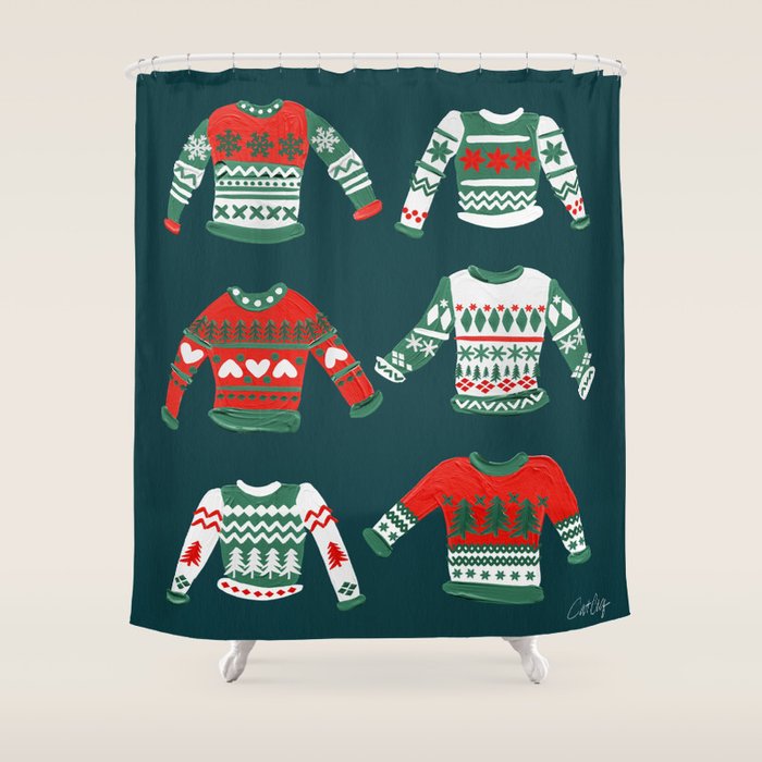 Christmas Sweaters - Teal & Red Palette Shower Curtain Gallery Image 1