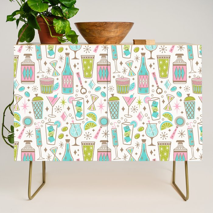 Retro Mid Century Happy Hour - Pink Green and Blue Credenza Gallery Image 1