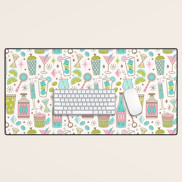 Retro Mid Century Happy Hour - Pink Green and Blue Desk Mat Gallery Image 1