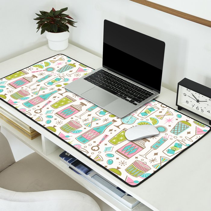 Retro Mid Century Happy Hour - Pink Green and Blue Desk Mat Gallery Image 2