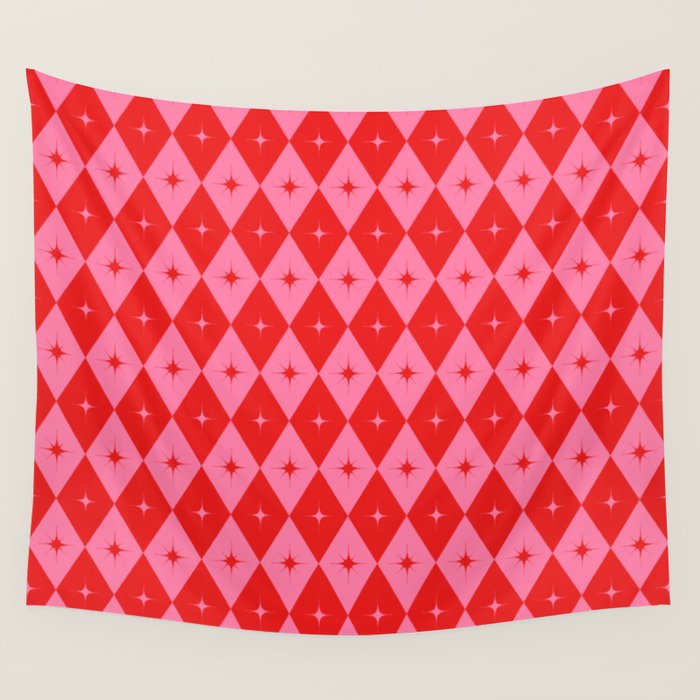Diamonds with Sparkles geometric pattern pink and red  Wall Tapestry Gallery Image 4