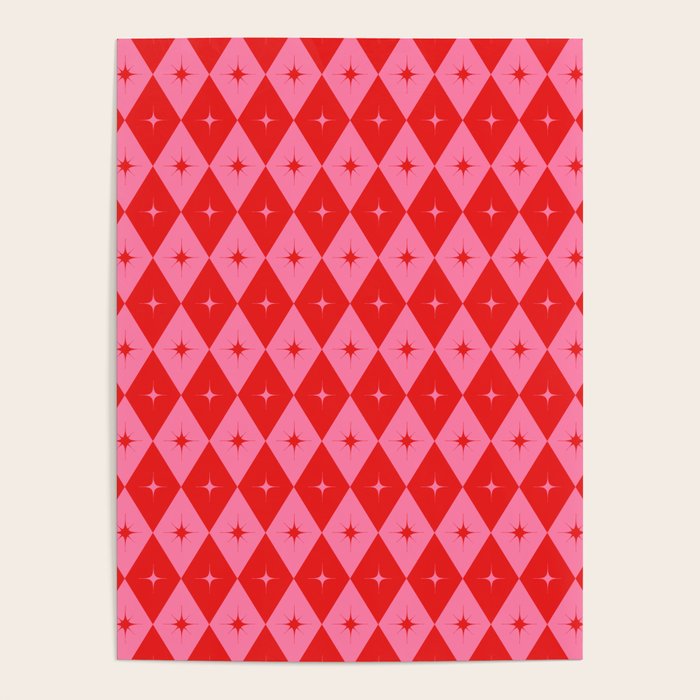 Diamonds with Sparkles geometric pattern pink and red  Poster Gallery Image 1