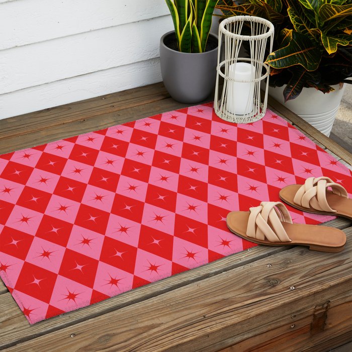 Diamonds with Sparkles geometric pattern pink and red  Outdoor Rug Gallery Image 2