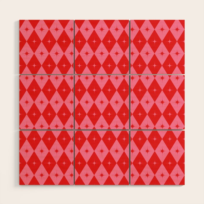Diamonds with Sparkles geometric pattern pink and red  Wood Wall Art Gallery Image 1