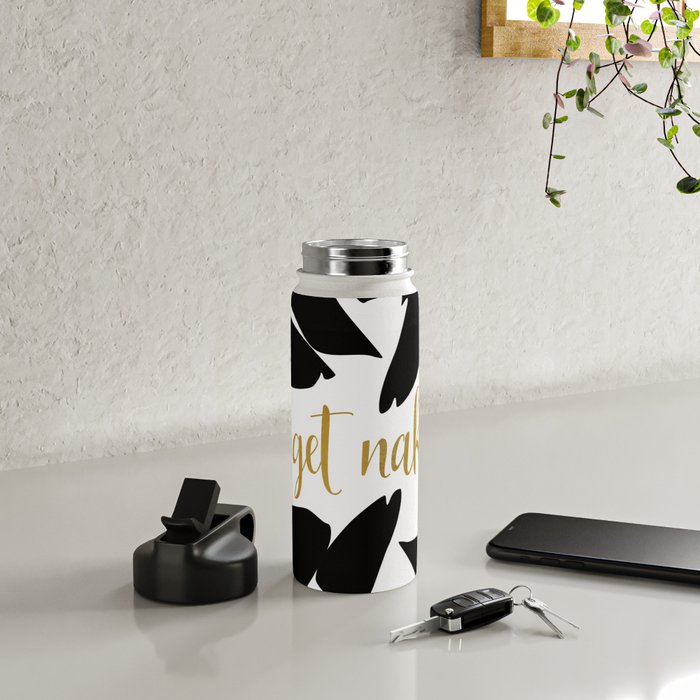 Get Naked Funny, Tropical Palm, Black, White and Gold Water Bottle Gallery Image 5