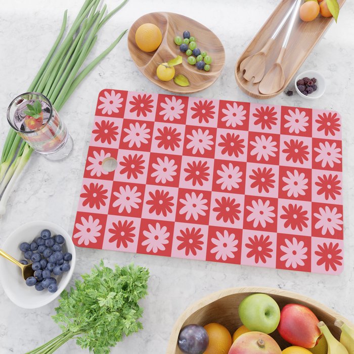 Pink & Red Checkerboard Flower Pattern Cutting Board Gallery Image 2