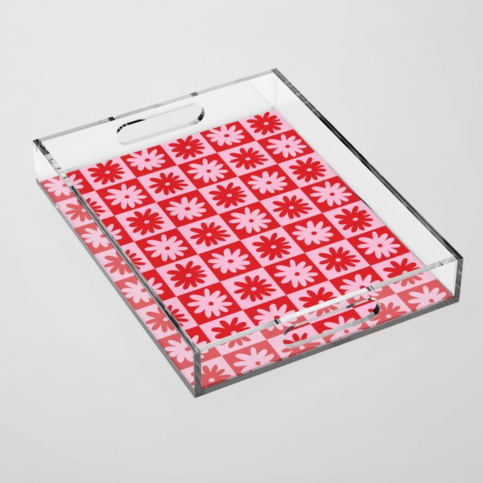 Pink & Red Checkerboard Flower Pattern Acrylic Tray Gallery Image 1