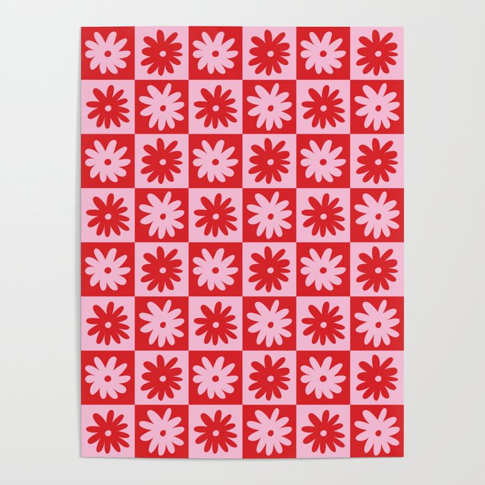 Pink & Red Checkerboard Flower Pattern Poster Gallery Image 4
