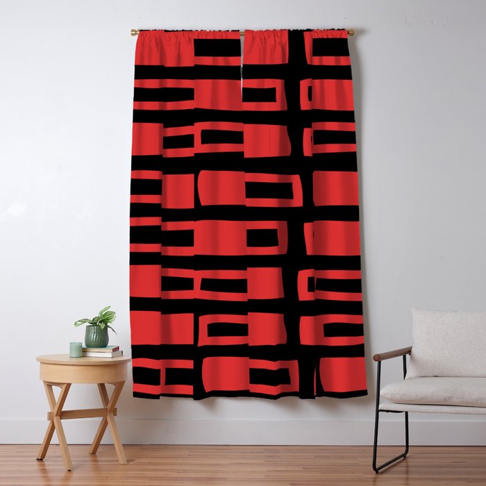 Mid Century Modern Abstract Squares Pattern 541 Black and Red Window Curtain Gallery Image 1