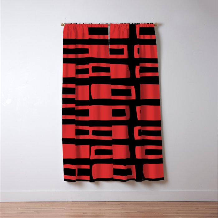 Mid Century Modern Abstract Squares Pattern 541 Black and Red Window Curtain Gallery Image 3