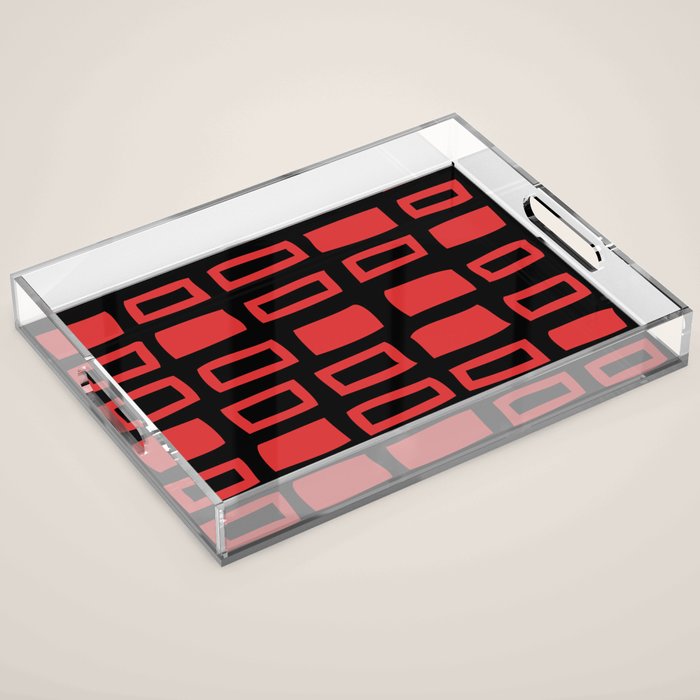 Mid Century Modern Abstract Squares Pattern 541 Black and Red Acrylic Tray Gallery Image 1