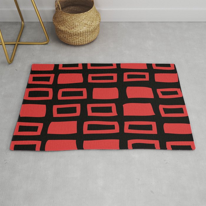 Mid Century Modern Abstract Squares Pattern 541 Black and Red Rug Gallery Image 1