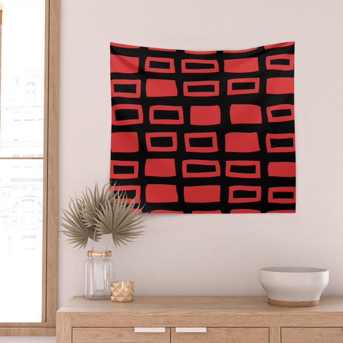 Mid Century Modern Abstract Squares Pattern 541 Black and Red Wall Tapestry Gallery Image 2