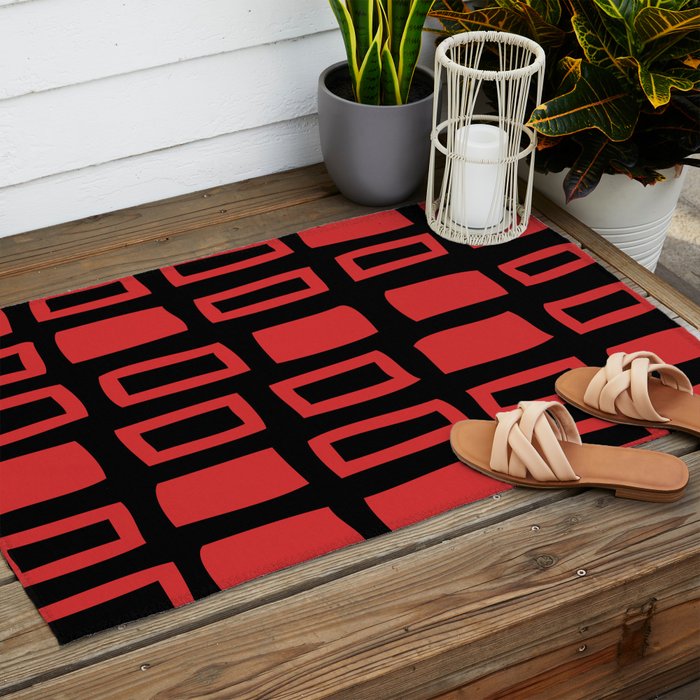Mid Century Modern Abstract Squares Pattern 541 Black and Red Outdoor Rug Gallery Image 2