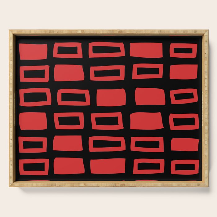 Mid Century Modern Abstract Squares Pattern 541 Black and Red Serving Tray Gallery Image 1