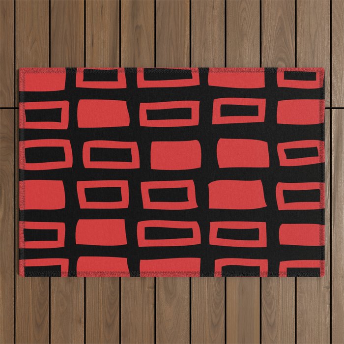 Mid Century Modern Abstract Squares Pattern 541 Black and Red Outdoor Rug Gallery Image 1