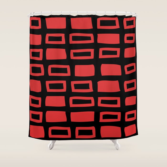 Mid Century Modern Abstract Squares Pattern 541 Black and Red Shower Curtain Gallery Image 1