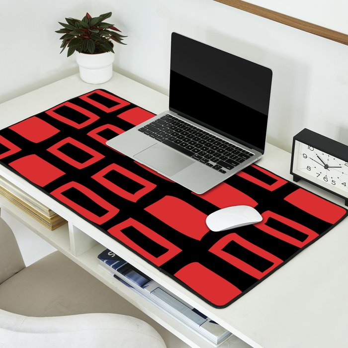 Mid Century Modern Abstract Squares Pattern 541 Black and Red Desk Mat Gallery Image 2