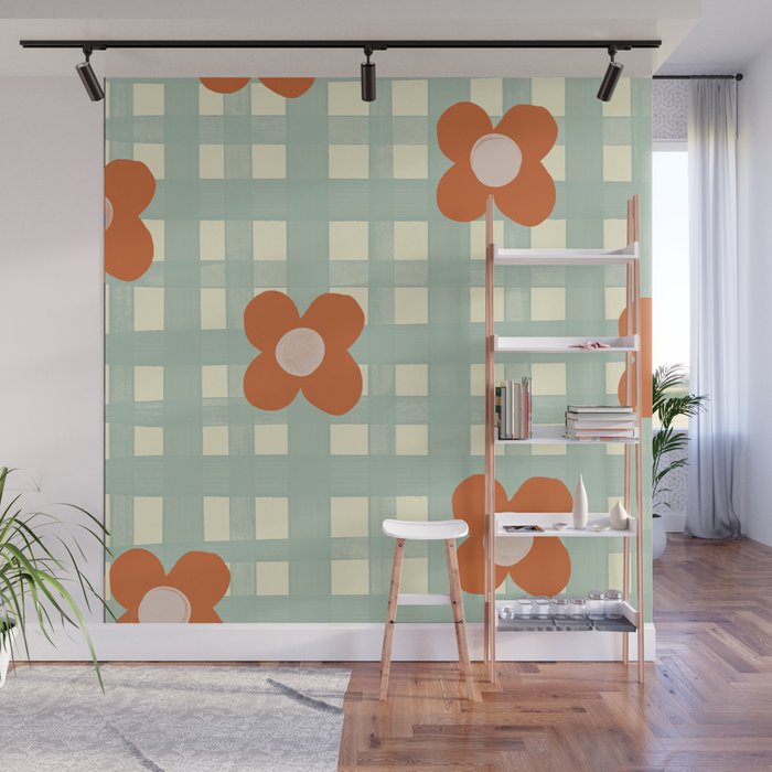 Blue and red floral check Wall Mural Gallery Image 1