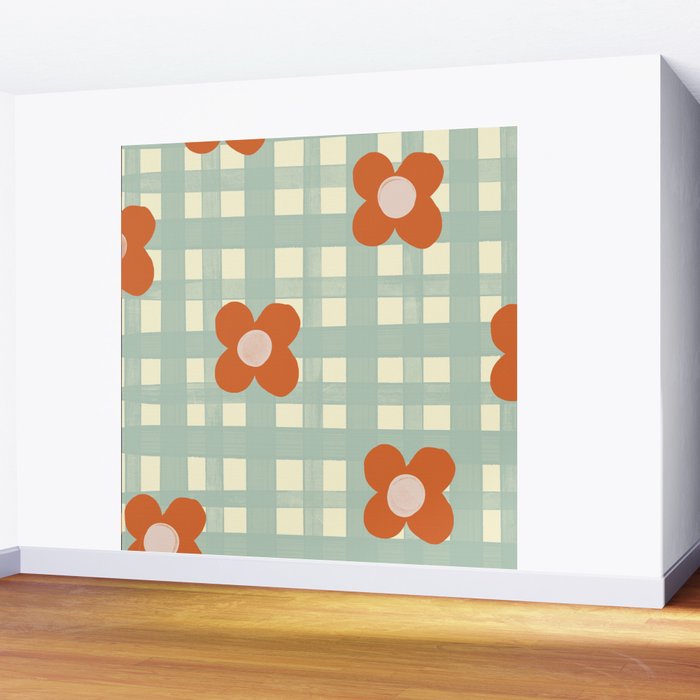 Blue and red floral check Wall Mural Gallery Image 2
