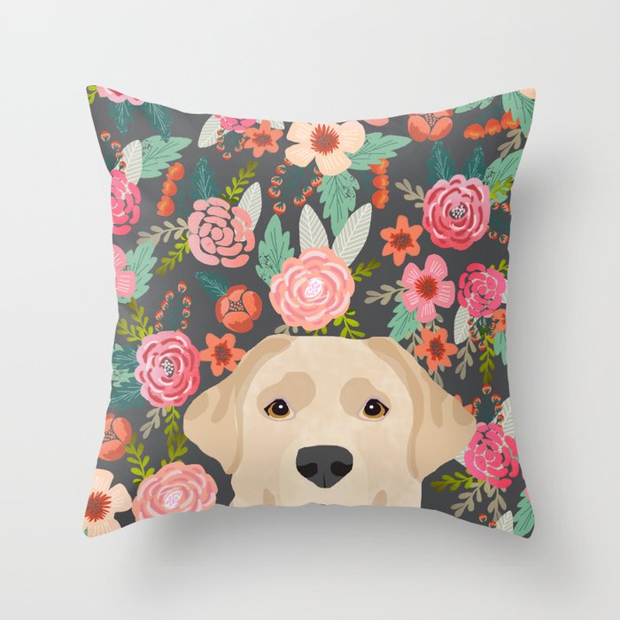 Yellow Lab dog portrait labrador retriever dog art pet friendly florals floral Throw Pillow Gallery Image 1