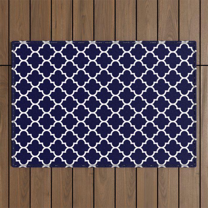 White Moroccan Quatrefoil On Navy Blue Outdoor Rug Gallery Image 1