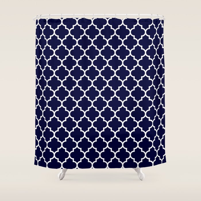 White Moroccan Quatrefoil On Navy Blue Shower Curtain Gallery Image 1