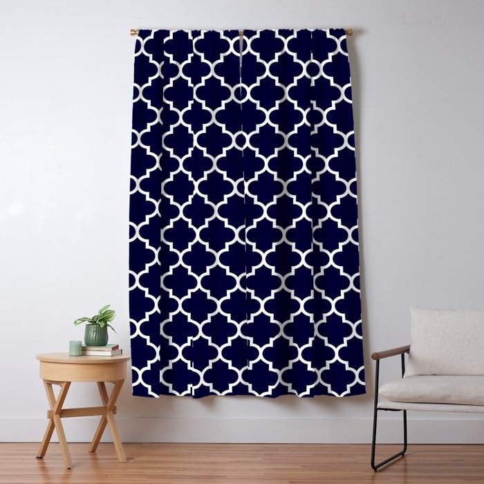 White Moroccan Quatrefoil On Navy Blue Window Curtain Gallery Image 5