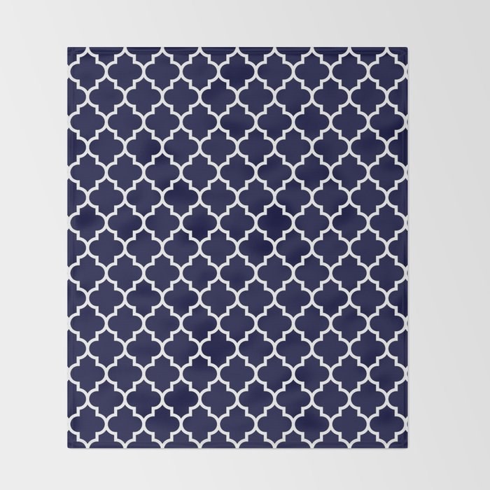 White Moroccan Quatrefoil On Navy Blue Throw Blanket Gallery Image 2