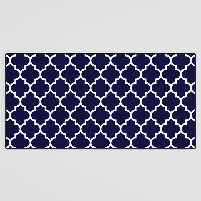 White Moroccan Quatrefoil On Navy Blue Desk Mat Gallery Image 3