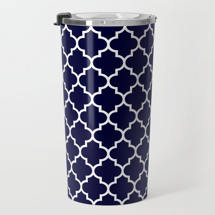 White Moroccan Quatrefoil On Navy Blue Travel Mug Gallery Image 3