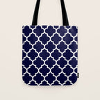White Moroccan Quatrefoil On Navy Blue Tote Bag Gallery Image 1