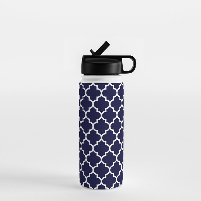 White Moroccan Quatrefoil On Navy Blue Water Bottle Gallery Image 1