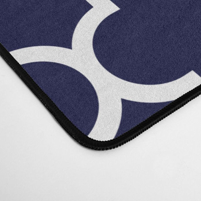 White Moroccan Quatrefoil On Navy Blue Desk Mat Gallery Image 4