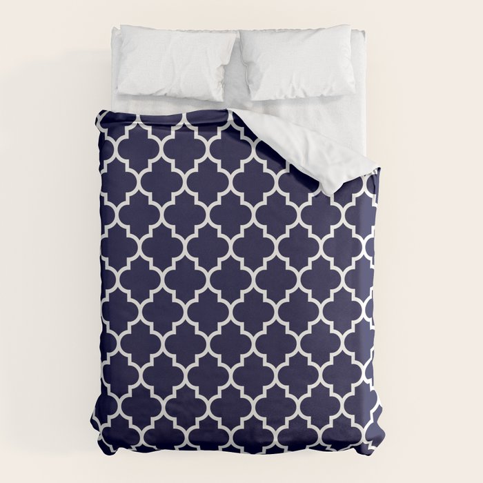 White Moroccan Quatrefoil On Navy Blue Duvet Cover