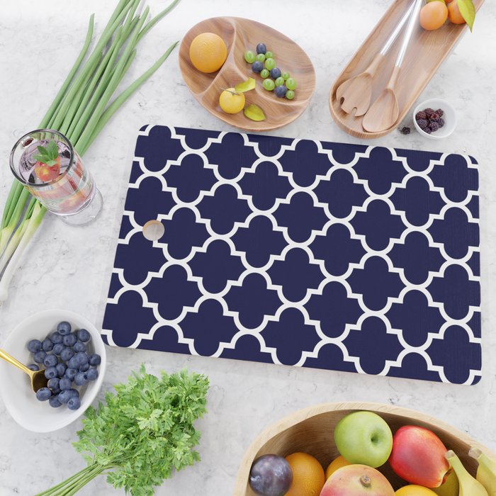 White Moroccan Quatrefoil On Navy Blue Cutting Board Gallery Image 2