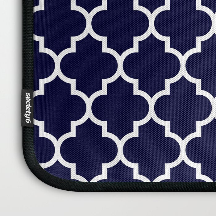 White Moroccan Quatrefoil On Navy Blue Laptop Sleeve Gallery Image 3
