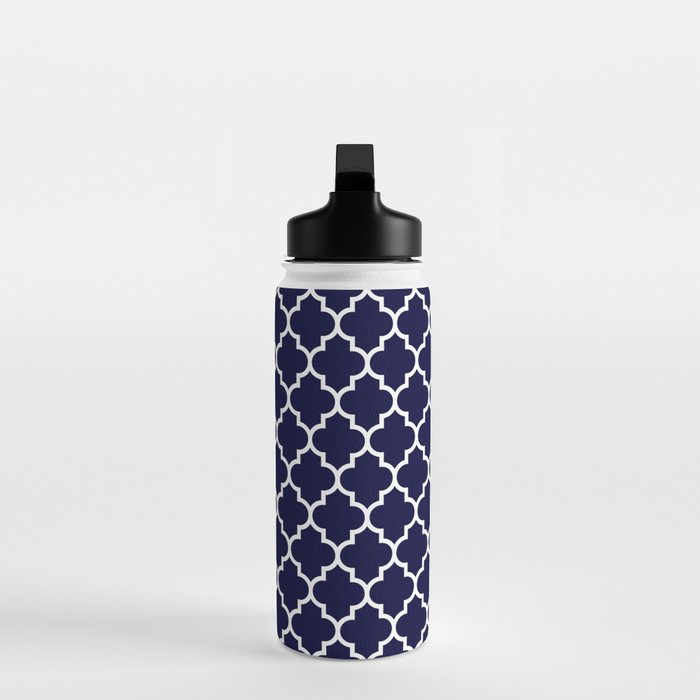 White Moroccan Quatrefoil On Navy Blue Water Bottle Gallery Image 3