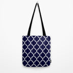 White Moroccan Quatrefoil On Navy Blue Tote Bag Gallery Image 2