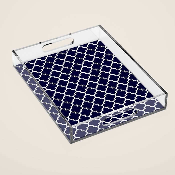 White Moroccan Quatrefoil On Navy Blue Acrylic Tray Gallery Image 1