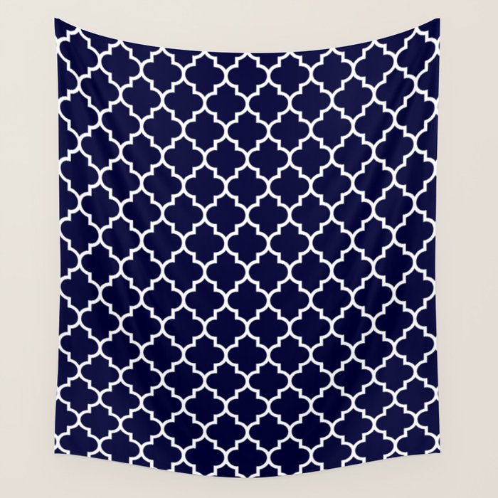 White Moroccan Quatrefoil On Navy Blue Wall Tapestry Gallery Image 4