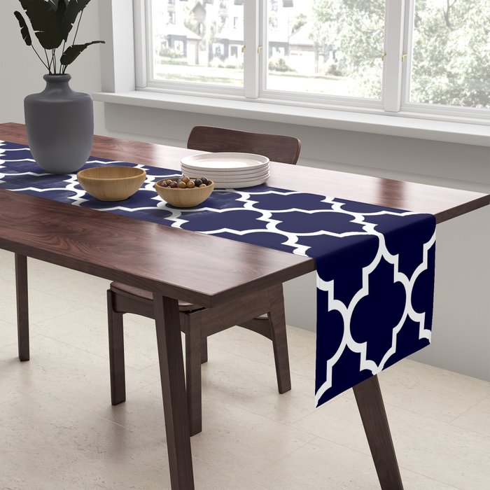 White Moroccan Quatrefoil On Navy Blue Table Runner Gallery Image 2