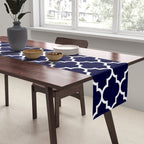 White Moroccan Quatrefoil On Navy Blue Table Runner Gallery Image 2