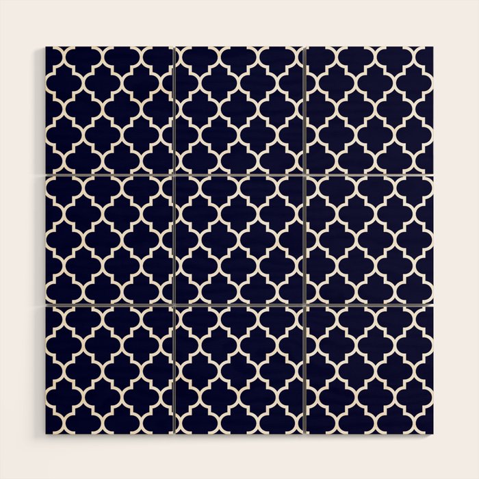 White Moroccan Quatrefoil On Navy Blue Wood Wall Art Gallery Image 1