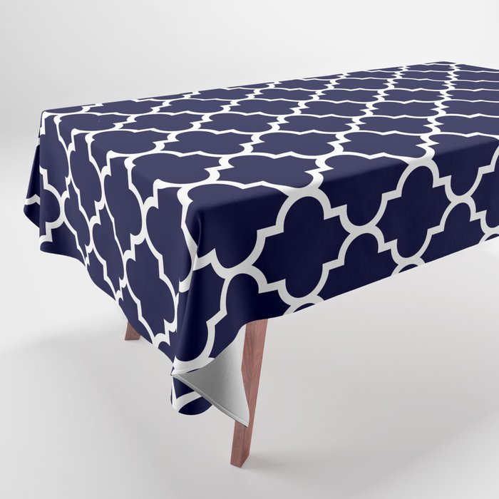 White Moroccan Quatrefoil On Navy Blue Tablecloth Gallery Image 1
