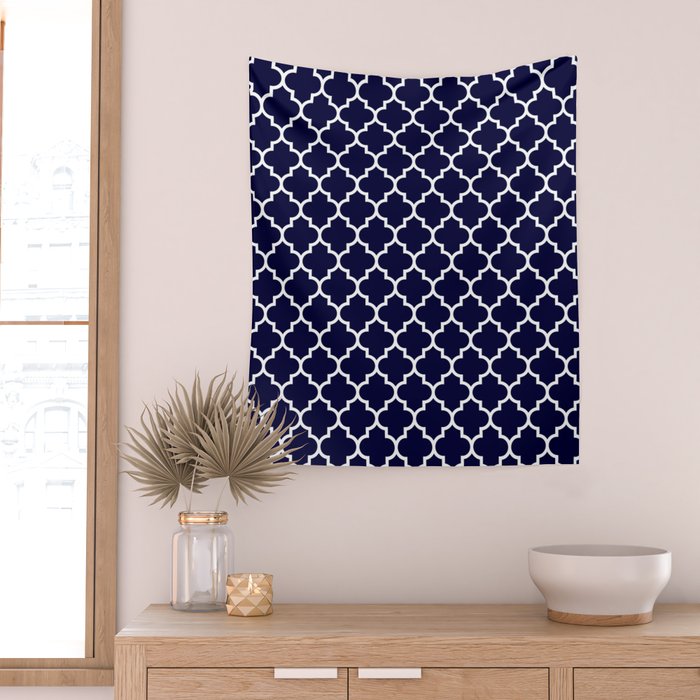 White Moroccan Quatrefoil On Navy Blue Wall Tapestry Gallery Image 2