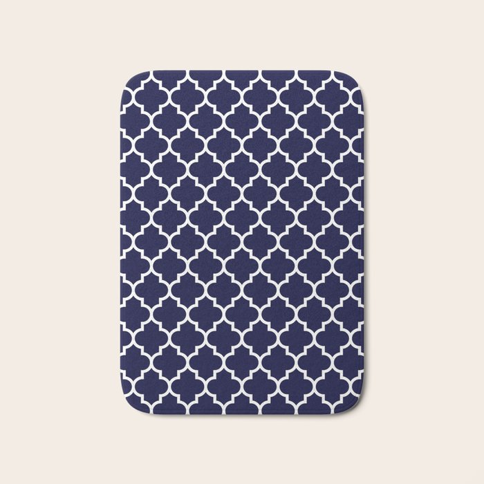 White Moroccan Quatrefoil On Navy Blue Bath Mat Gallery Image 1