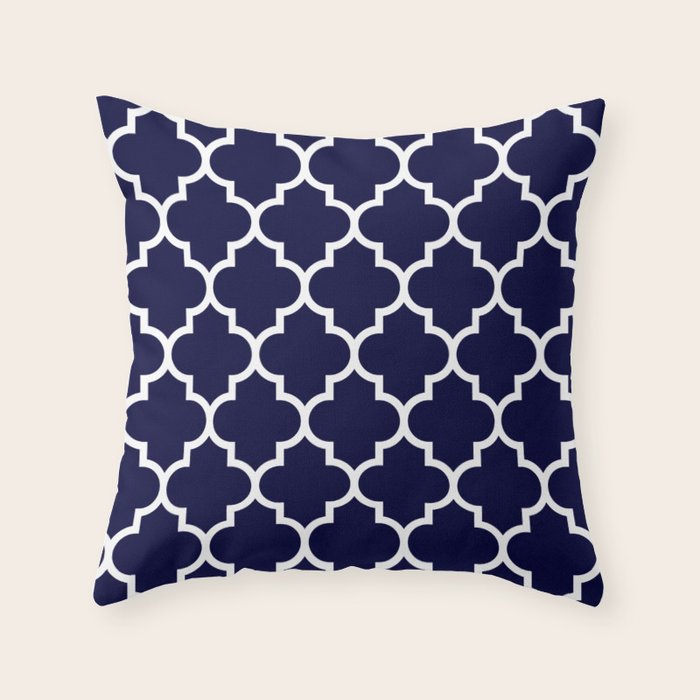 White Moroccan Quatrefoil On Navy Blue Throw Pillow