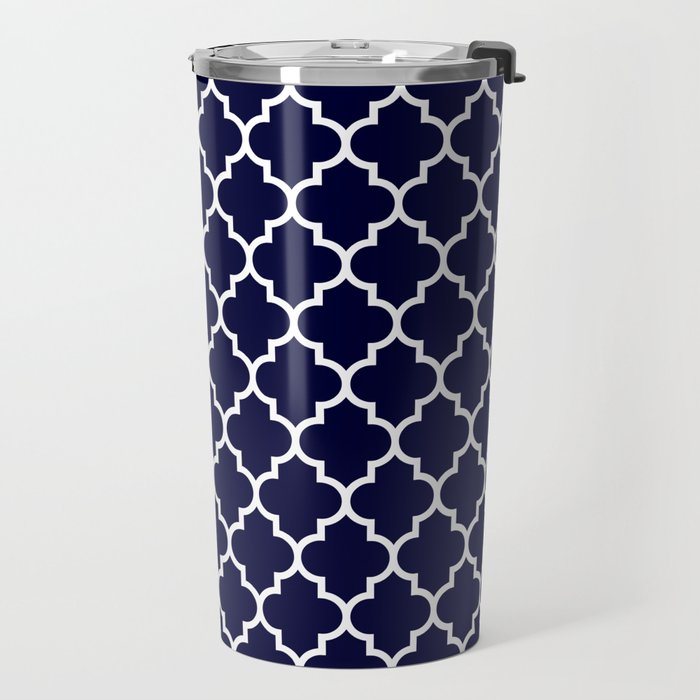White Moroccan Quatrefoil On Navy Blue Travel Mug Gallery Image 2